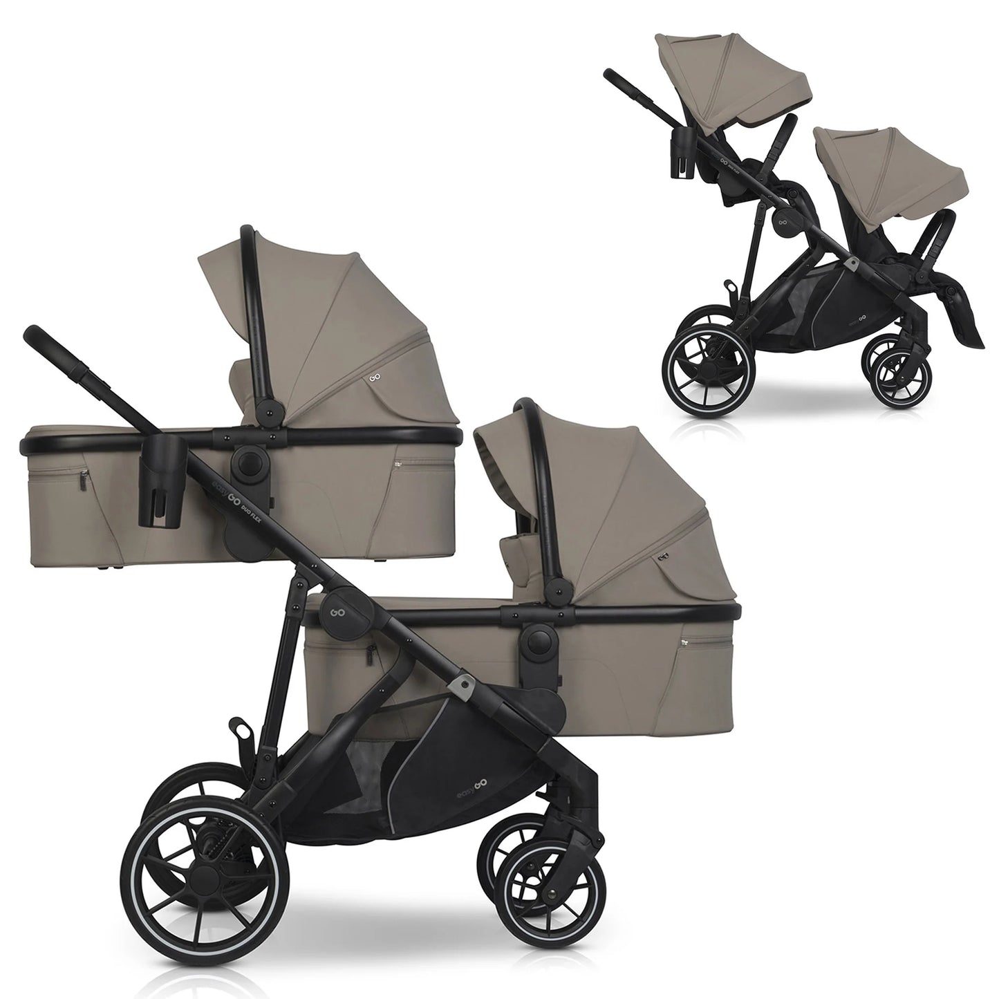 EasyGo Duoflex iker babakocsi 2 üléssel és 2 mózeskosárral – Savana Beige