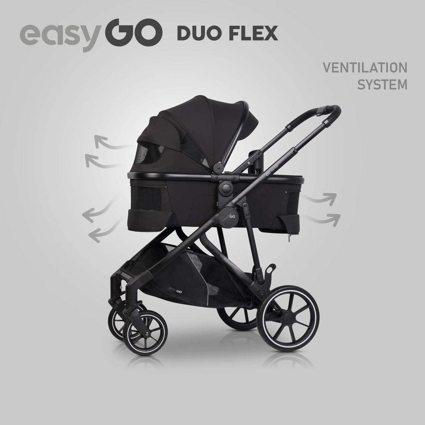 EasyGo Duoflex iker és testvér babakocsi 2 üléssel és 1 mózeskosárral – Ebony Black