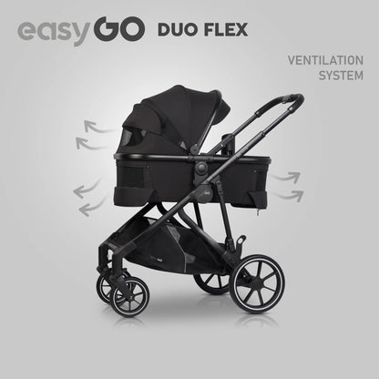 EasyGo Duoflex iker és testvér babakocsi 2 üléssel és 1 mózeskosárral – Ebony Black
