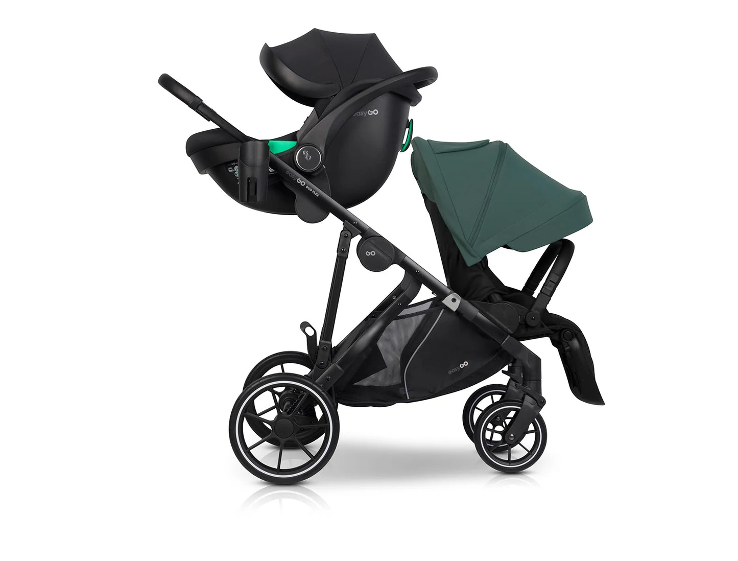EasyGo Duoflex iker és testvér babakocsi 2 üléssel és 1 mózeskosárral – Sage Green