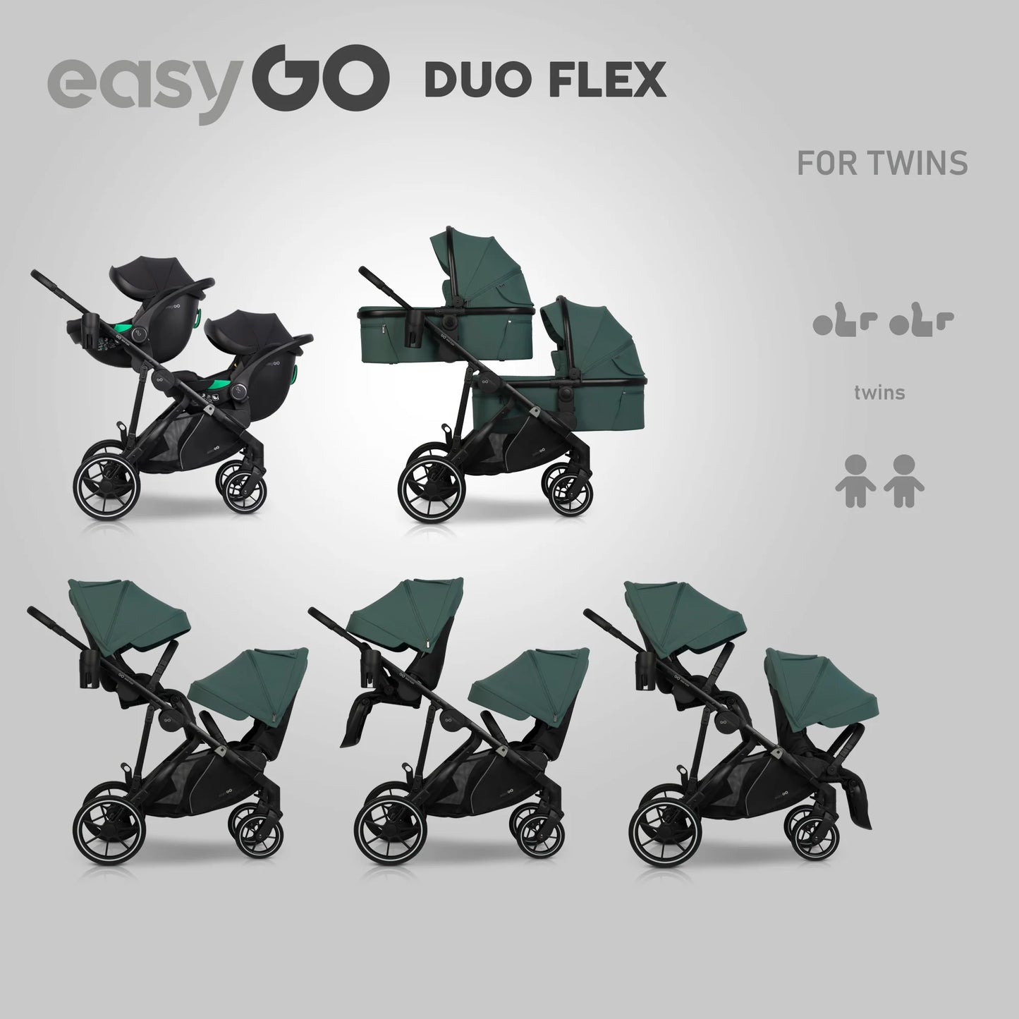 EasyGo Duoflex iker és testvér sport babakocsi 2 üléssel – Sage Green