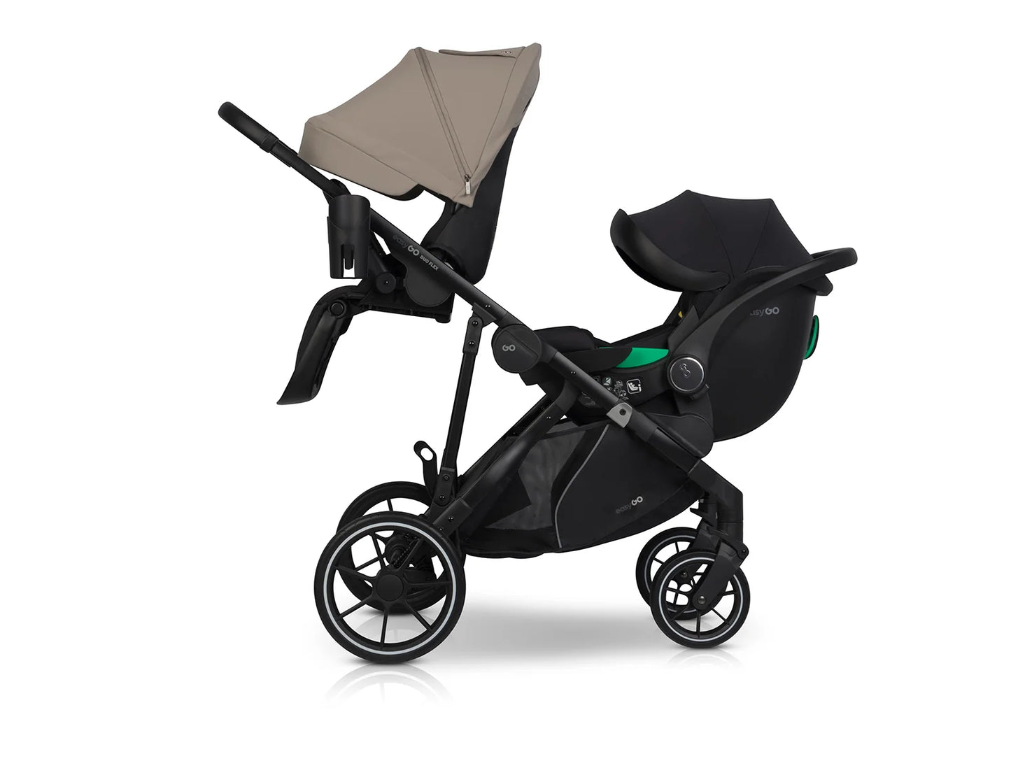 EasyGo Duoflex iker és testvér babakocsi 2 üléssel és 1 mózeskosárral – Savana Beige