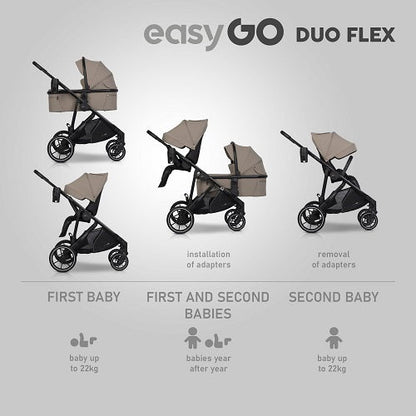 EasyGo Duoflex iker és testvér babakocsi 2 üléssel és 1 mózeskosárral – Savana Beige