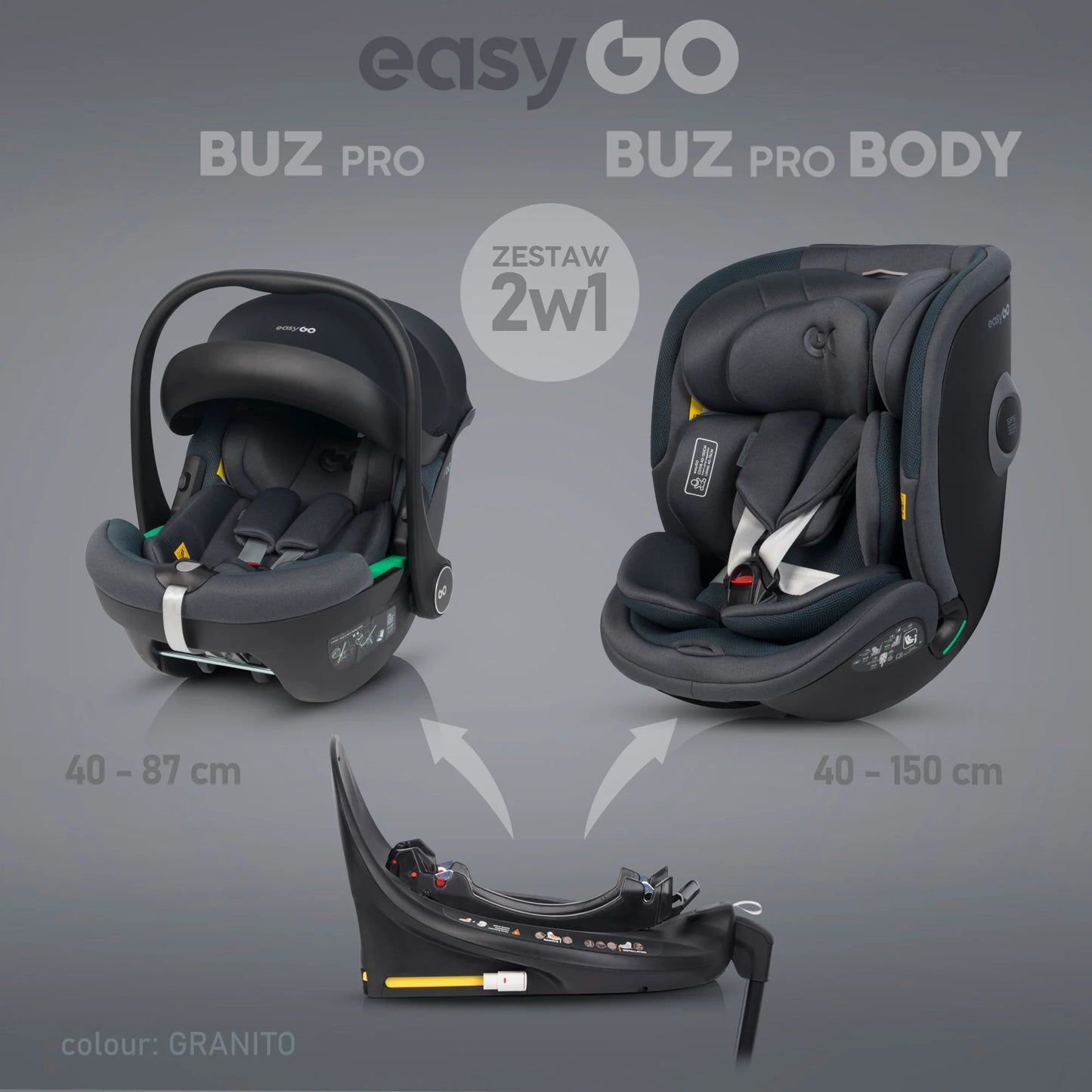EasyGo Buz Pro + Buz Pro Body 2in1 autósülés szett ISOFIX bázissal – Granito