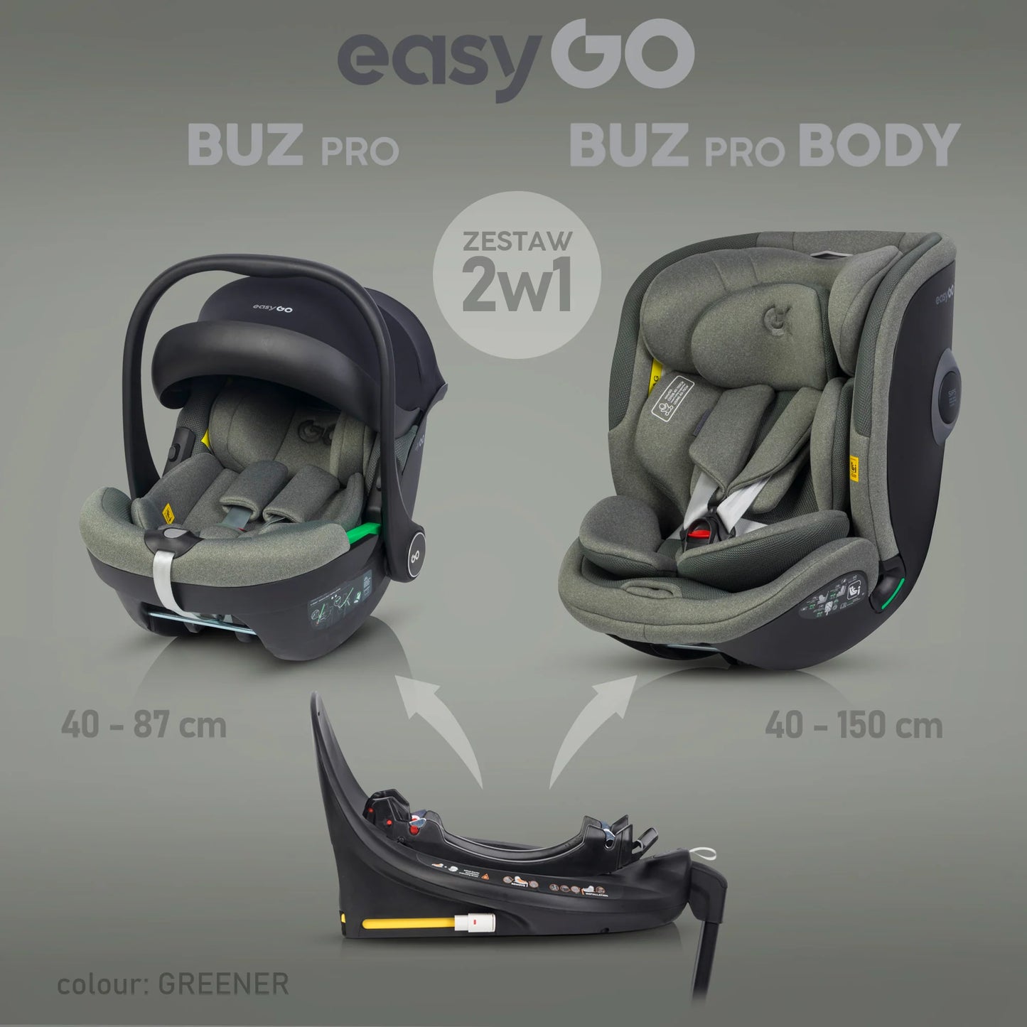 EasyGo Buz Pro + Buz Pro Body 2in1 autósülés szett ISOFIX bázissal – Greener